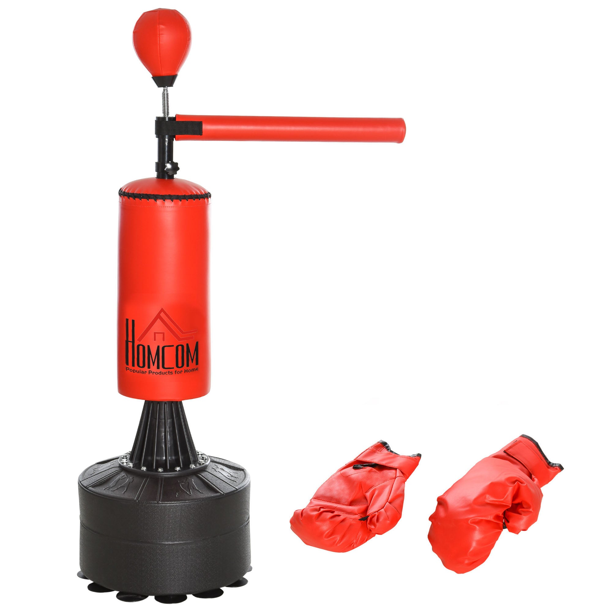 HOMCOM 155-205cm 3-IN-1 Freestanding Boxing Punching Bag Stand, Boxing Speed Trainer with Rotating Flexible Arm, Speed Ball, Fillable Base, Red 