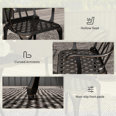 Outsunny 3 Pieces Garden Dining Set for 2, Cast Aluminium Outdoor Dining Set with 2 Armchairs and Round Dining Table with Parasol Hole, Garden Furniture Set, Bronze Tone 