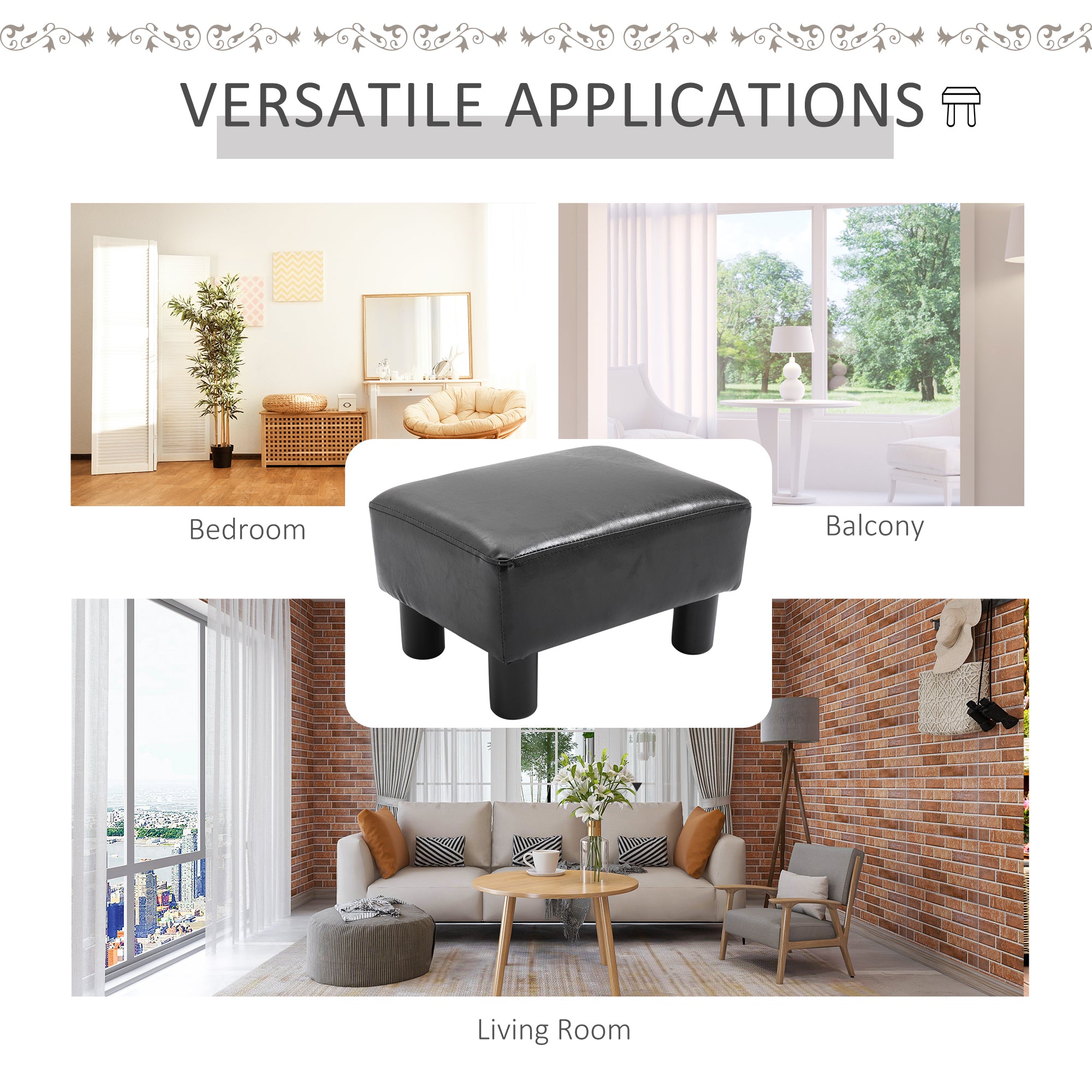 HOMCOM Faux Leather Footstool, Small Foot Rest, Rectangle Sofa Stool for Bedroom Living Room, Black 