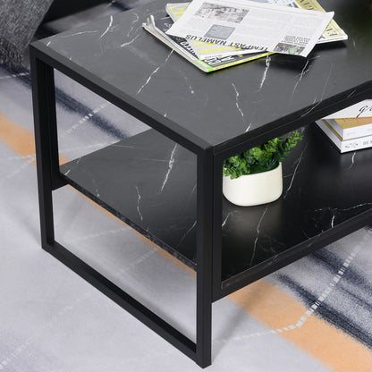 HOMCOM Coffee Table, Two-Tier Marble Centre Table with Metal Frame and Storage Shelf for Living Room, 106 x 50 x 45cm, Black 
