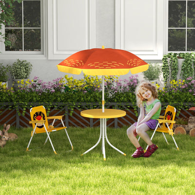 Outsunny Kids Picnic Table and Chair Set, Lion Themed Outdoor Garden Furniture w/ Foldable Chairs, Adjustable Parasol - Yellow 