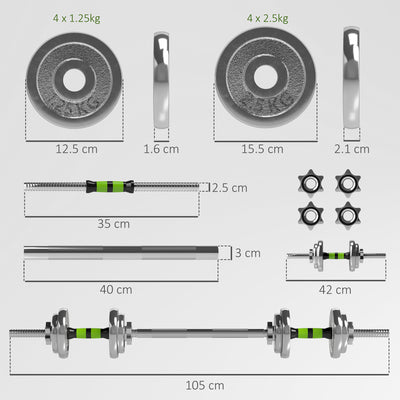 SPORTNOW 20kg Adjustable Weights Dumbbells Set, 2-in-1 Dumbbells and Barbell with Non-slip Handle, Free Weights Set for Home Gym Weight Lifting and Strength Training 
