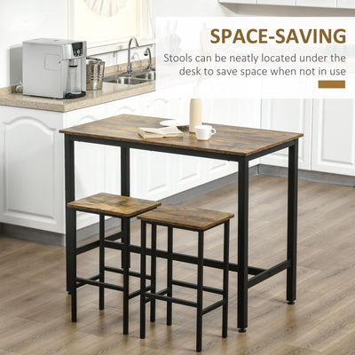 HOMCOM Industrial Bar Table Set, Breakfast Table with 2 Stools, 3-Piece Counter Height Dining Table & Chairs for Kitchen, Living Room, Rustic Brown 