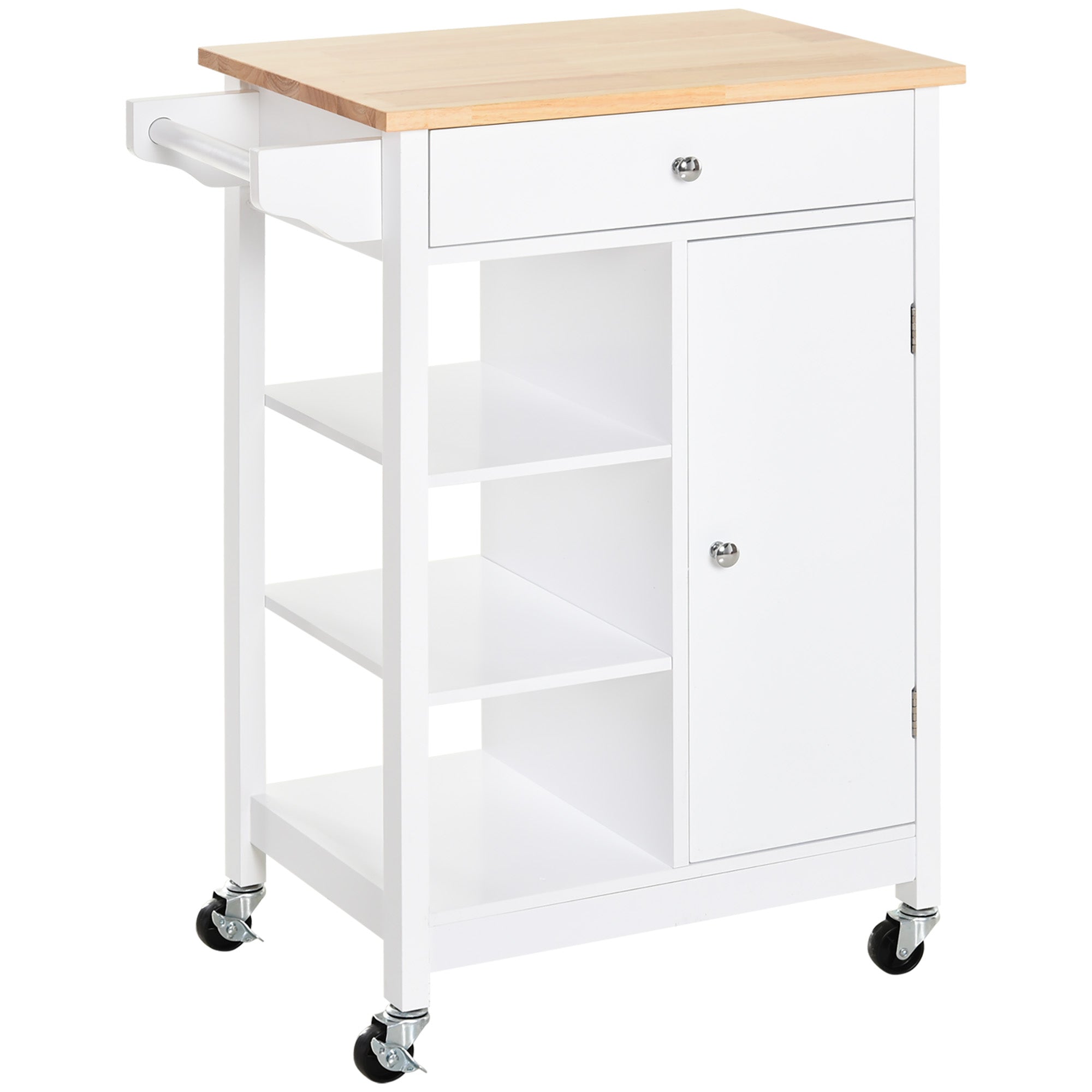 HOMCOM Kitchen Trolley, Kitchen Island on Wheels, w/ Wood Top, 3 Shelves and Storage Cupboard, White 