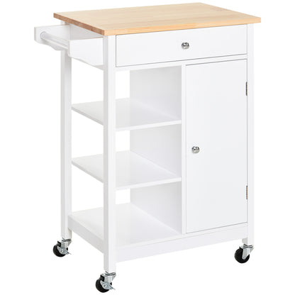 HOMCOM Kitchen Trolley, Kitchen Island on Wheels, w/ Wood Top, 3 Shelves and Storage Cupboard, White 
