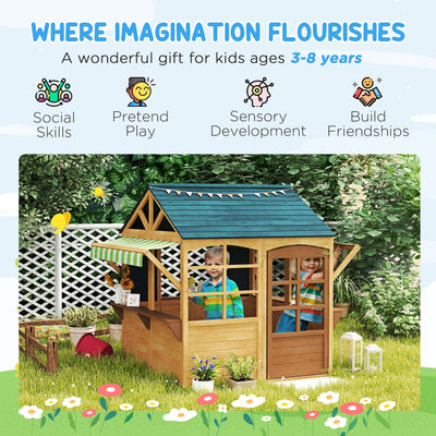 AIYAPLAY Wooden Playhouse for Kids, Foldable Wendy House with Windows, Working Door, Service Stations, Rain Covers, Brown 
