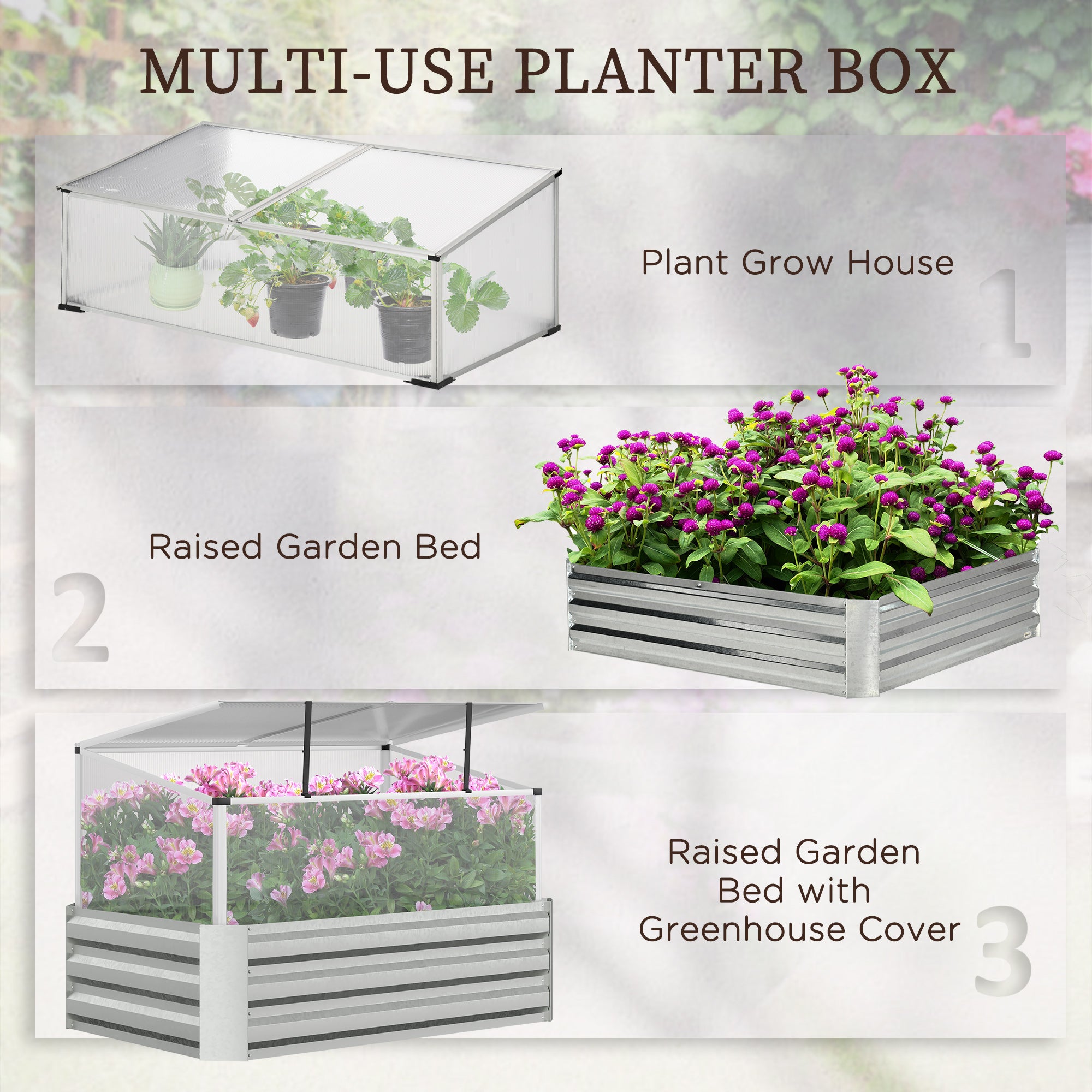 Outsunny Raised Beds for Garden with Mini Greenhouse, Galvanised Outdoor Planters and Cold Grame, for Herbs and Vegetables 