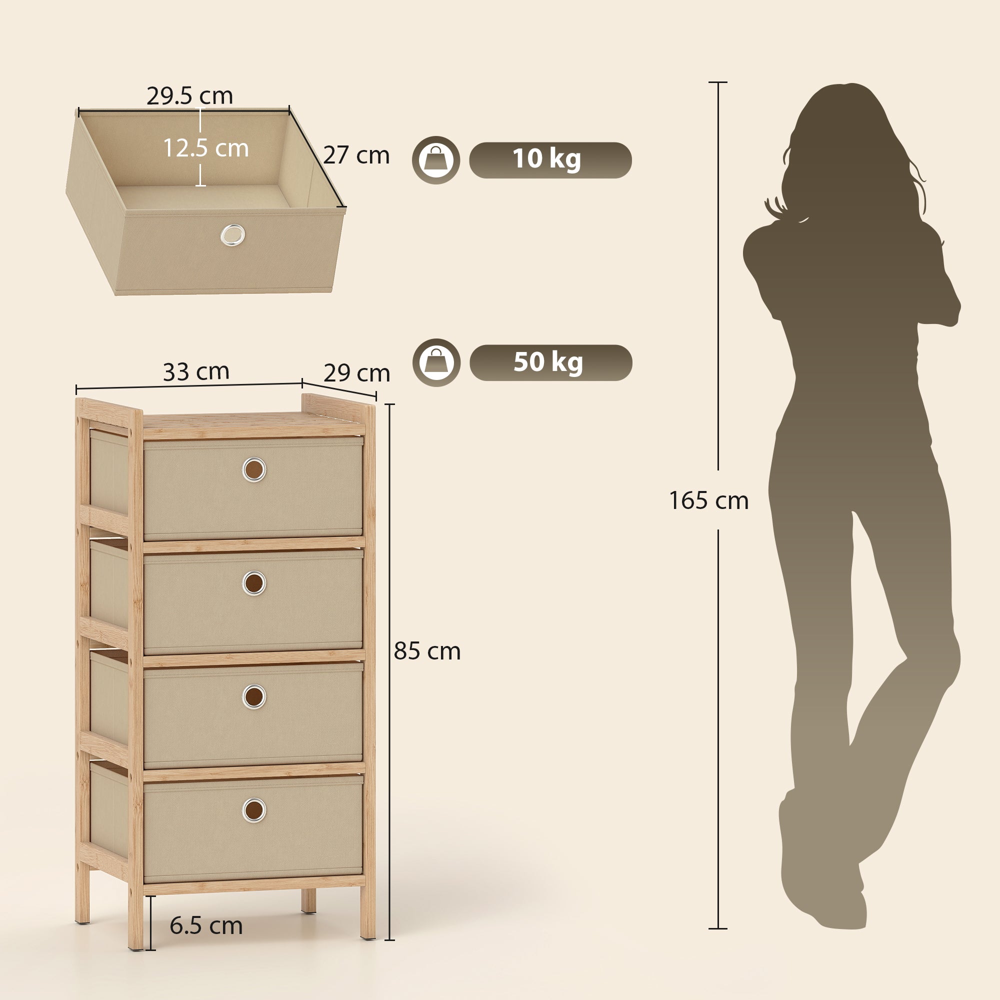 HOMCOM Chest of Drawers, 4 Fabric Drawers Narrow Dresser with Bamboo Frame, Cream White 