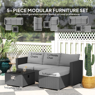 Outsunny Five Piece Rattan Garden Furniture Set with Gas Fire Pit Table and Footstool - Grey 
