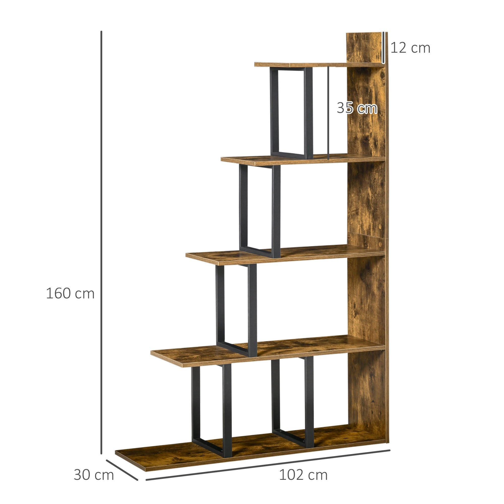 HOMCOM 5-Tier Bookcase, Wooden Ladder Bookshelf Display Stand, Rustic Brown 