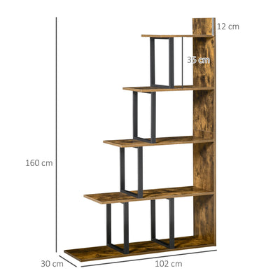 HOMCOM 5-Tier Bookcase, Wooden Ladder Bookshelf Display Stand, Rustic Brown 