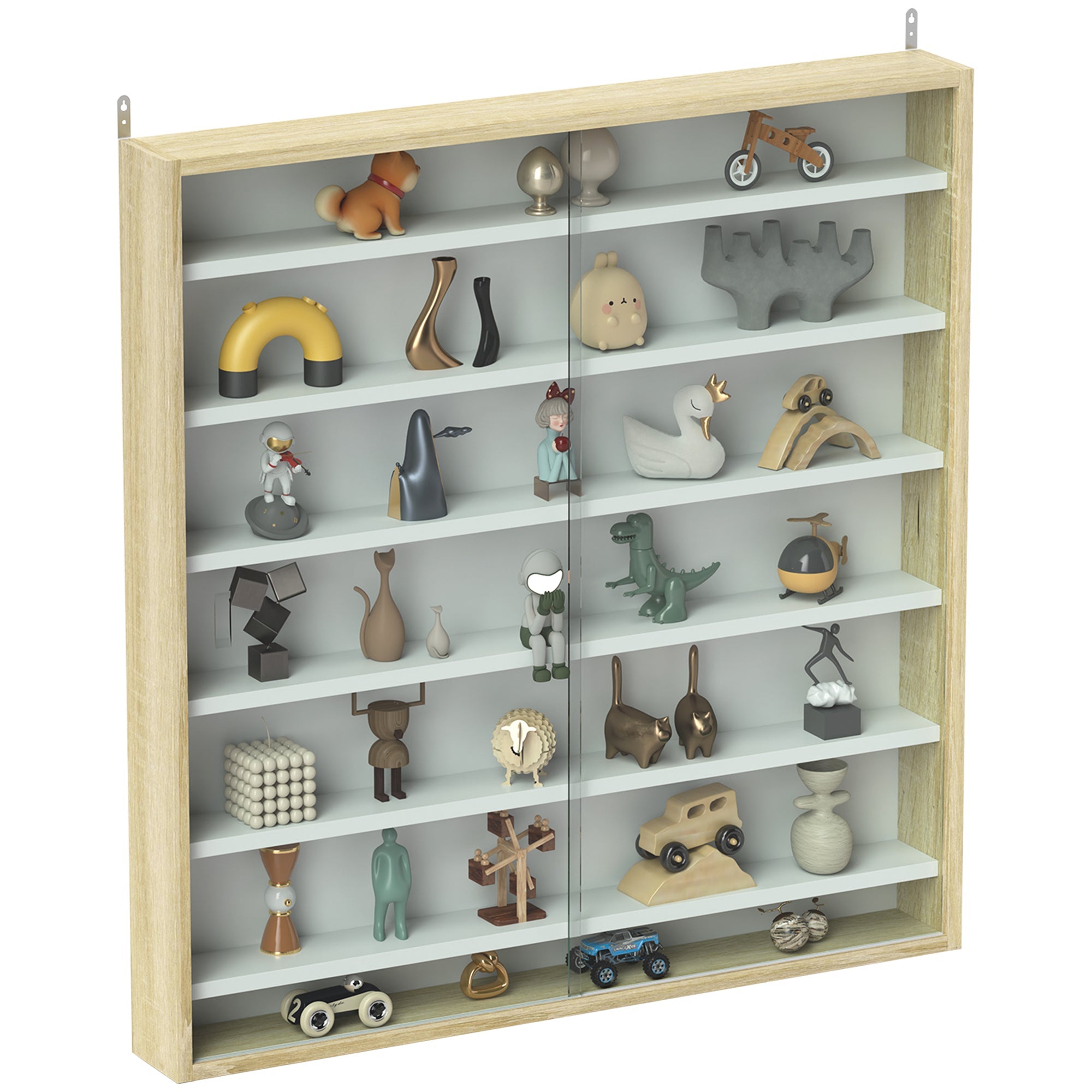 HOMCOM 7-Tier Wall Display Shelf Unit Cabinet w/ 6 Adjustable Shelves Glass Doors Home Office Ornaments 83x80cm, Oak 