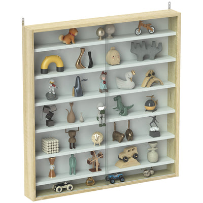 HOMCOM 7-Tier Wall Display Shelf Unit Cabinet w/ 6 Adjustable Shelves Glass Doors Home Office Ornaments 83x80cm, Oak 