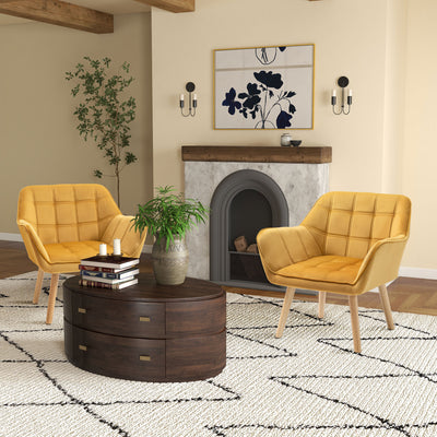 HOMCOM Armchair Accent Chair, Vanity Chair with Wide Arms, Slanted Back, Padding, Metal Frame, Wooden Legs, Home Bedroom Furniture Seating, Set of 2, Yellow 