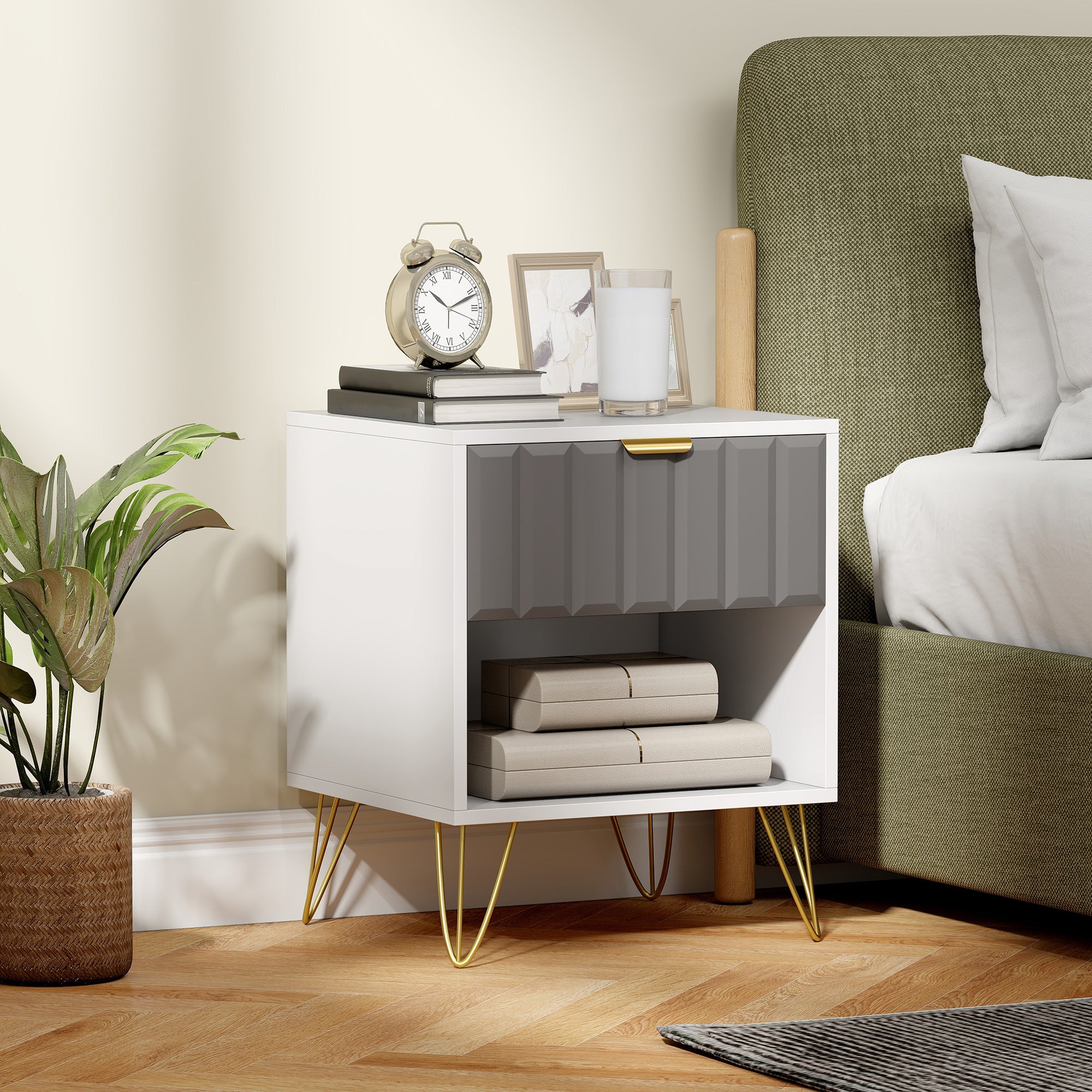 HOMCOM Bedside Table Modern Bedside Cabinet with Drawer and Open Compartment, 45 x 40 x 55, White 
