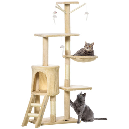 PawHut Cat Tree for Indoor Cats 135cm Kitten Tower Scratching Post Kitty Scratcher Climbing Tower with Ladder, Beige 