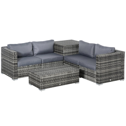Outsunny 6PC Rattan Corner Sofa Set Wicker 4 Seater Garden Storage Coffee Table Conversation Ottoman Outdoor Weave Furniture w/ Cushion Grey 