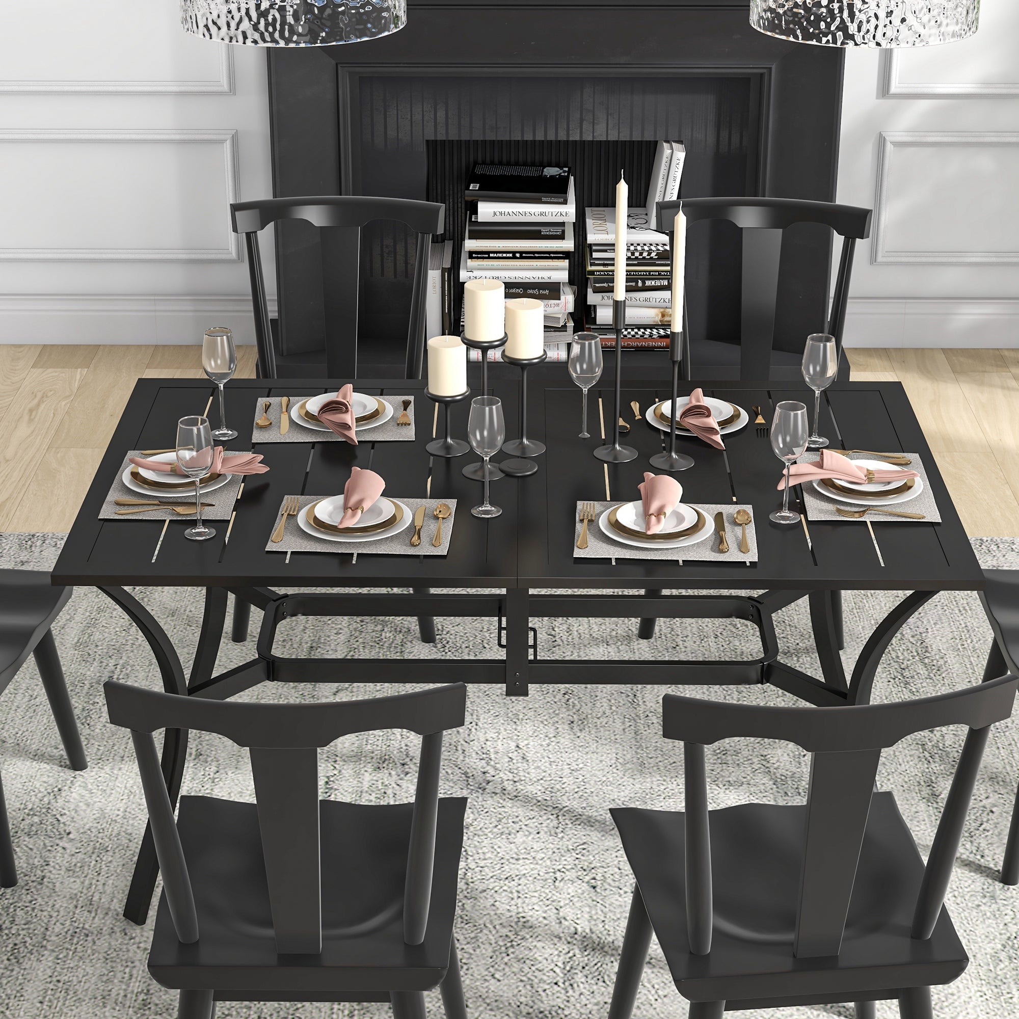 Outsunny Rectangle Garden Dining Table with Parasol Hole, Patio Table with Steel Frame and Slat Tabletop, 150cm x 90cm, Black 