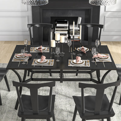 Outsunny Rectangle Garden Dining Table with Parasol Hole, Patio Table with Steel Frame and Slat Tabletop, 150cm x 90cm, Black 