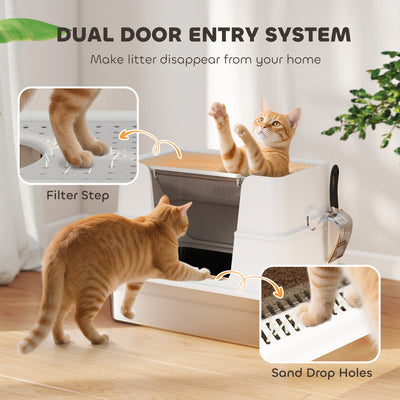 PawHut XL Stainless Steel Litter Box w/ 100° Flip Top, Scoop, Side Top Dual Entry, Odor Free, Easy Cleaning, Anti Leakage 