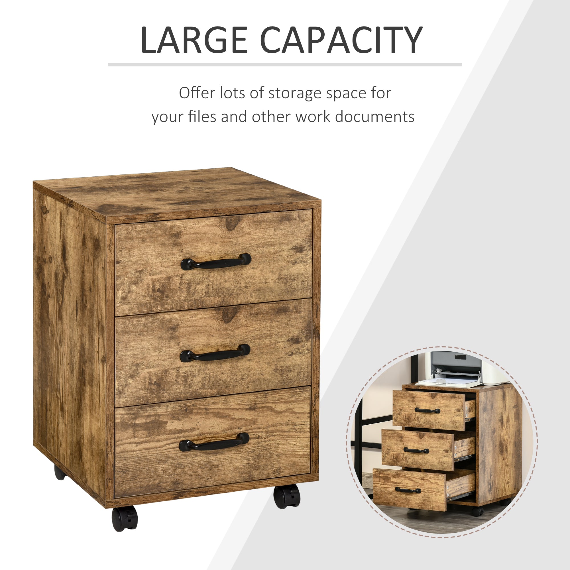 HOMCOM 3 Drawer File Cabinet, Mobile Filing Cabinet on Wheels for Home Office, Study, Rustic Brown 