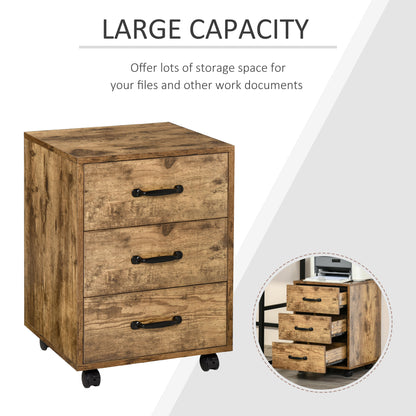 HOMCOM 3 Drawer File Cabinet, Mobile Filing Cabinet on Wheels for Home Office, Study, Rustic Brown 