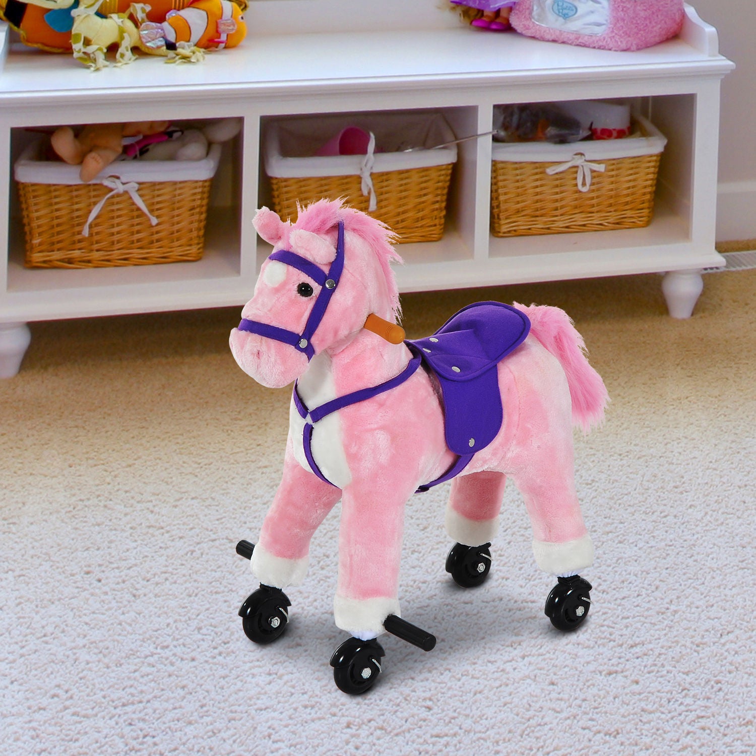 HOMCOM Rocking Horse Kids Ride on Walking Horse Animal Pony Wheeled Riding Plush Toy w/Sound for 3 Years and Up (Pink) 