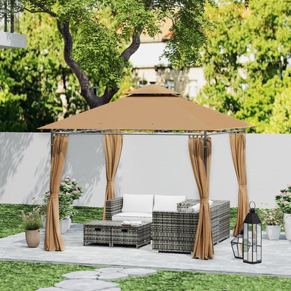 Outsunny 3 x 3 m Garden Gazebo, Double Roof Metal Gazebo with Curtains and Solar-Powered LED Lights, Outdoor Gazebo Canopy Shelter for Patio, Deck, Brown