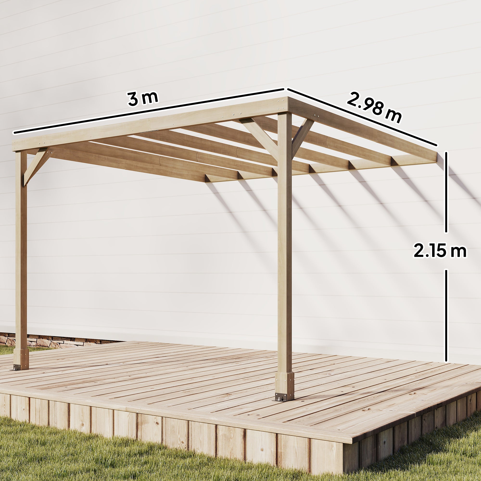 Outsunny Lean-To Wooden Pergola Kit, Decorative Garden Gazebo with Stable Structure and Concrete Anchors, 3 x 3 m, Light Brown 