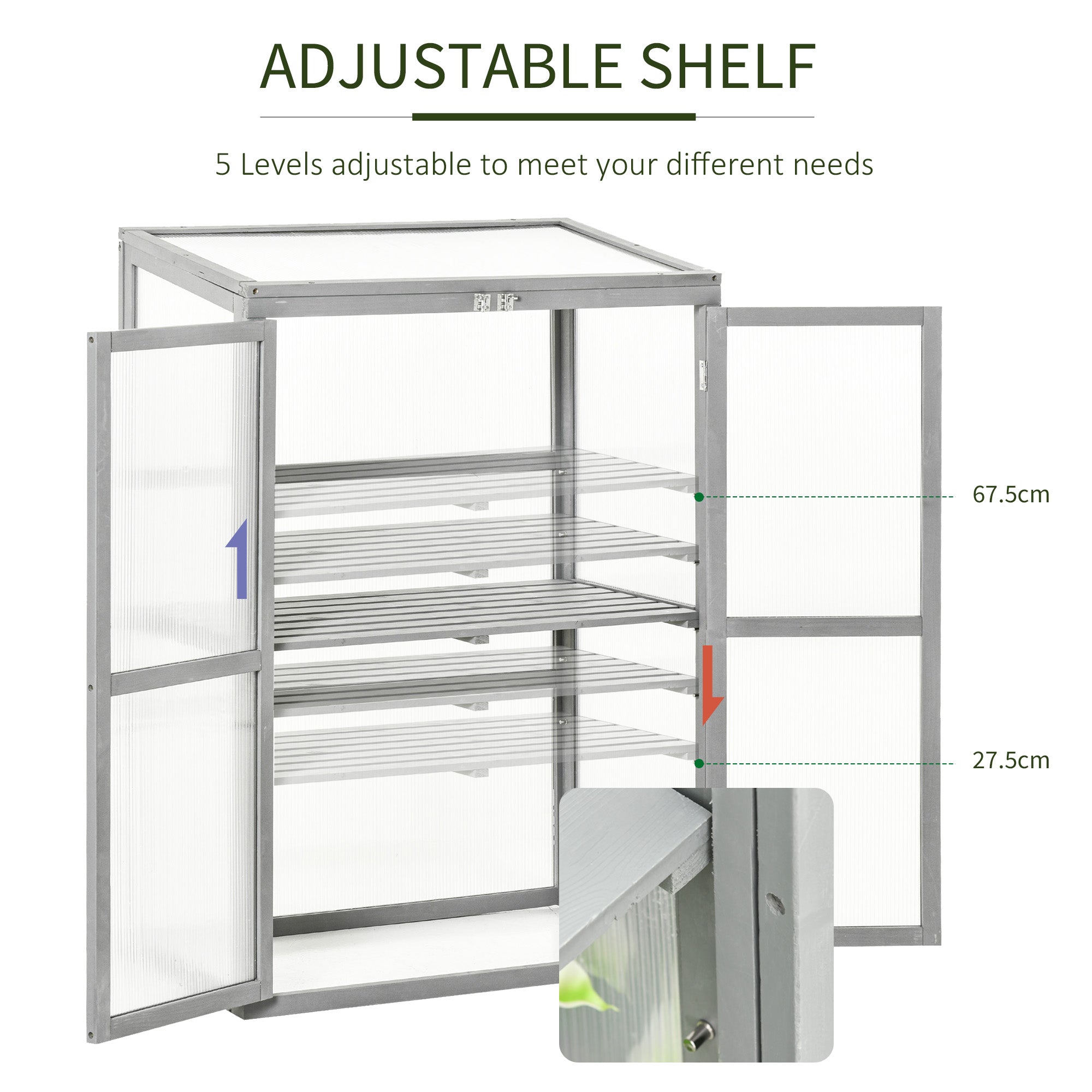 Outsunny Wooden Cold Frame Greenhouse Polycarbonate Garden Grow House for Flower Vegetable Plants with Adjustable Shelf, Double Doors, 76 x 47 x 110cm, Light Grey 