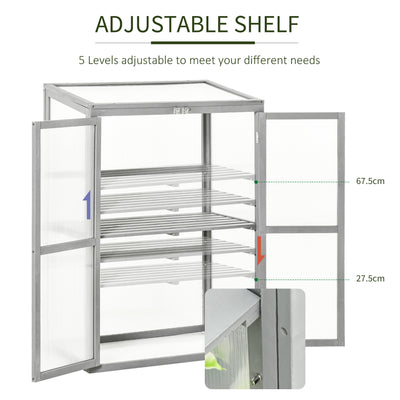 Outsunny Wooden Cold Frame Greenhouse Polycarbonate Garden Grow House for Flower Vegetable Plants with Adjustable Shelf, Double Doors, 76 x 47 x 110cm, Light Grey 