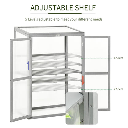 Outsunny Wooden Cold Frame Greenhouse Polycarbonate Garden Grow House for Flower Vegetable Plants with Adjustable Shelf, Double Doors, 76 x 47 x 110cm, Light Grey 