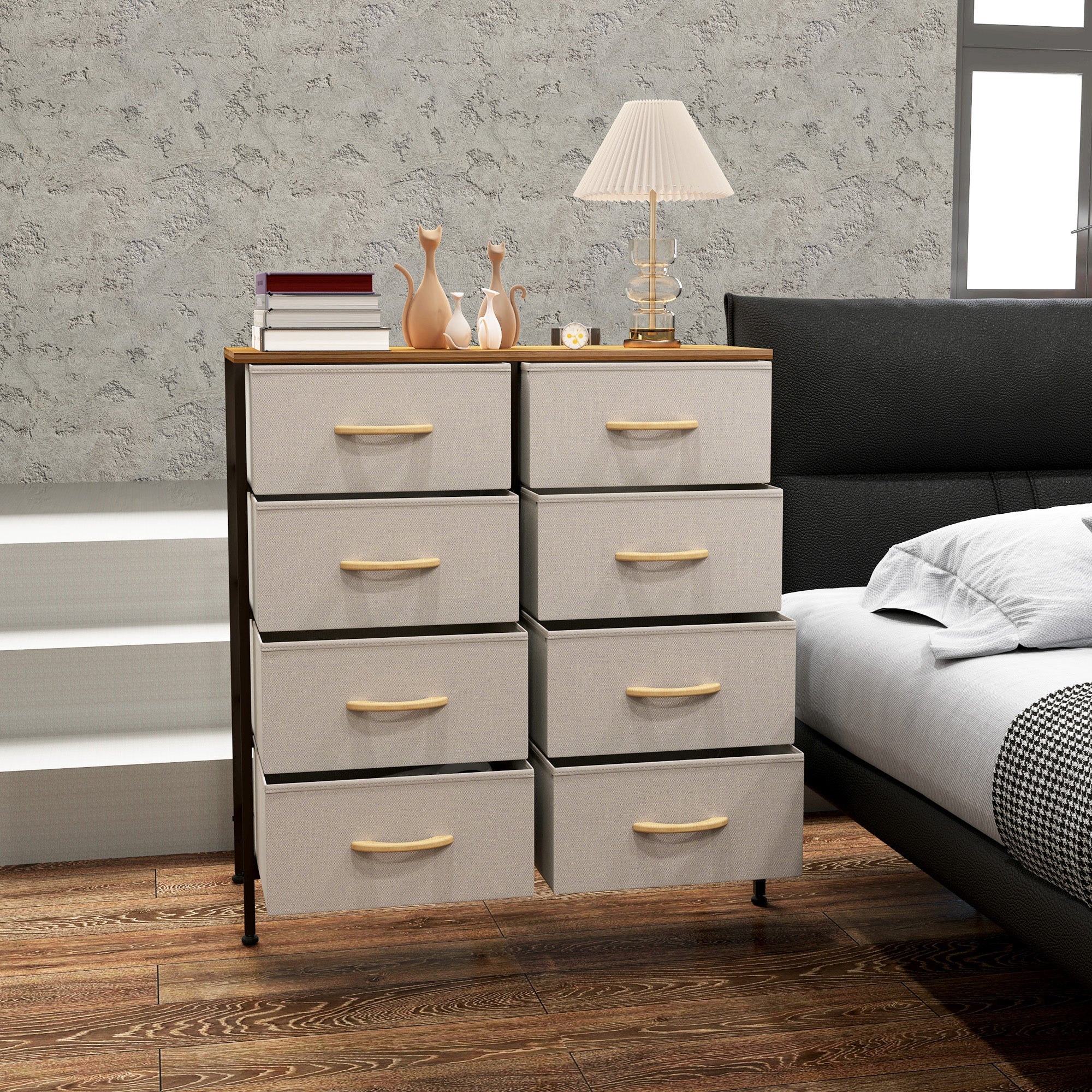 HOMCOM Fabric Chest of Drawers, Storage Drawers, Industrial Bedroom Dresser with 8 Fabric Drawers, Steel Frame and Wooden Top for Nursery, Living Room, Hallway, Cream White 