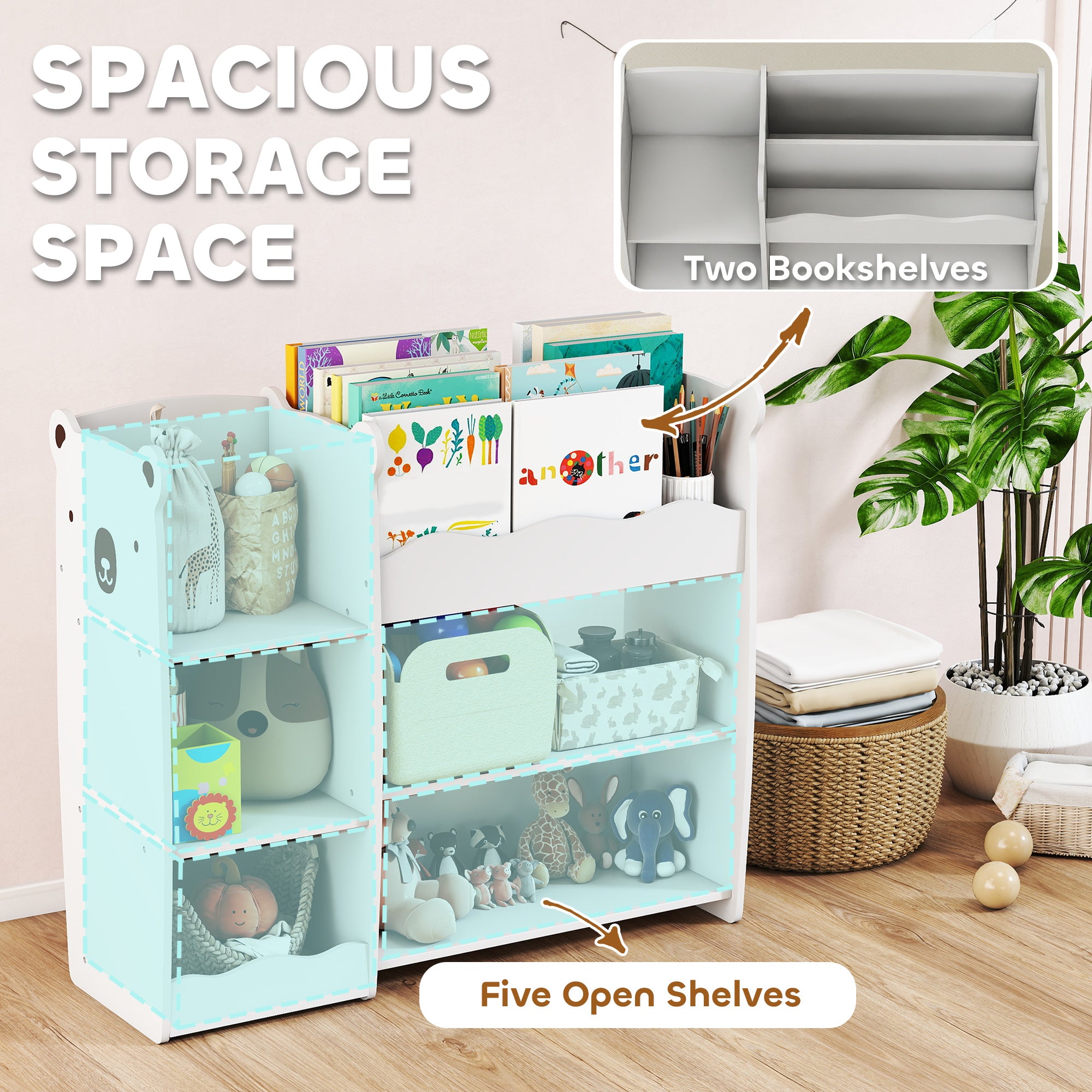 AIYAPLAY Kids Toy Storage Unit, Bear Design Kids Bookshelf and Toy Organiser, for Bedroom, Nursery, Playroom, White 