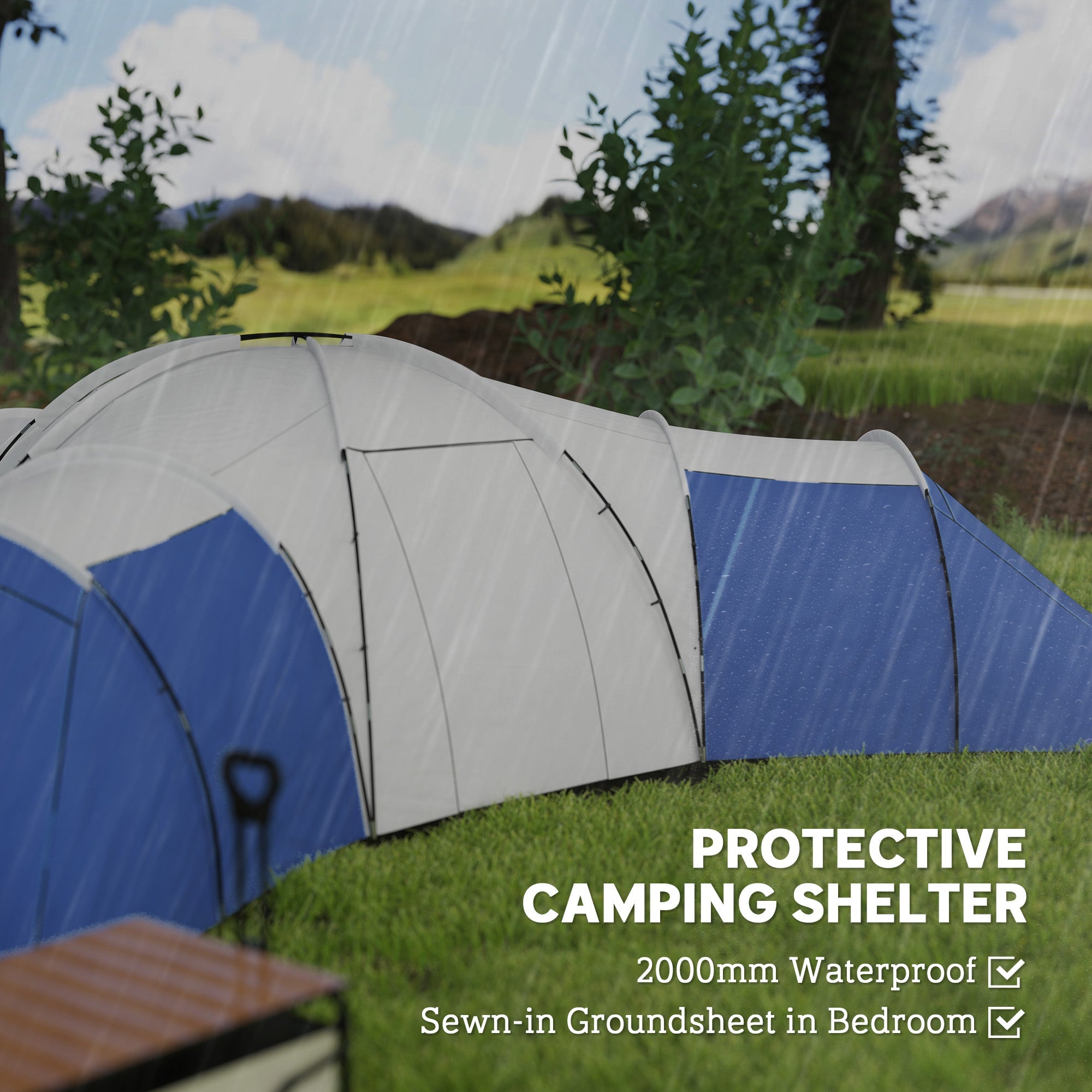 Outsunny 6-9 Man Tent with Bedrooms and Living Room, Accessories Included, Blue 