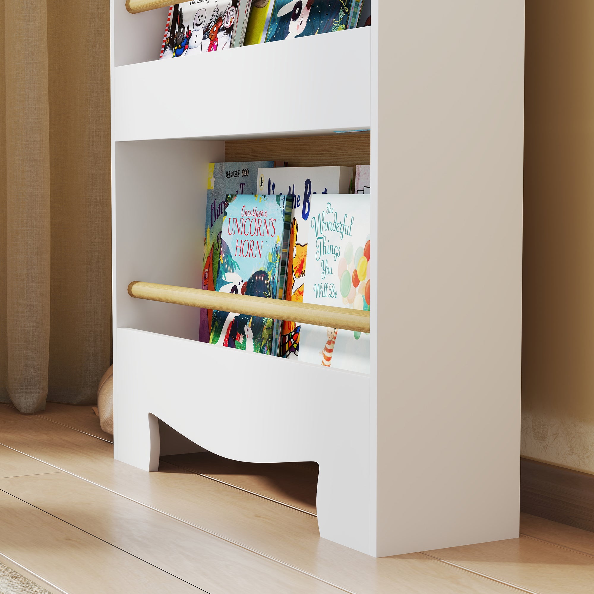AIYAPLAY Kids Bookshelf, 3 Tier Children Bookcase, Bear Theme Toddler Space-Saving Bookcase for Living Room, White 