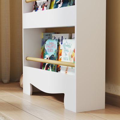 AIYAPLAY Kids Bookshelf, 3 Tier Children Bookcase, Bear Theme Toddler Space-Saving Bookcase for Living Room, White 