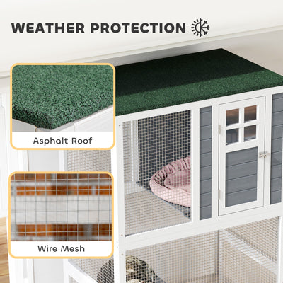 PawHut Wooden Catio Cat Outdoor Enclosure, Cat Cage with Waterproof Roof, Platforms, for Multiple Cats, White 