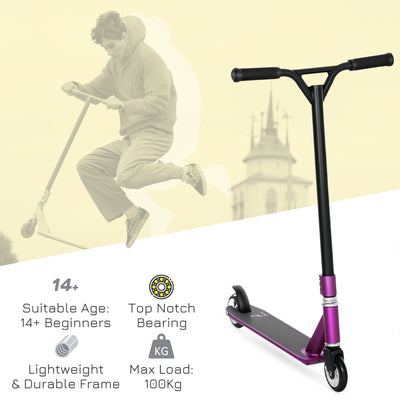 HOMCOM Stunt Scooter, 360° Entry Level Tricks Scooter w/ Lightweight Aluminium Deck and ABEC 7 Bearing, For Age 14+ Beginners, Purple 