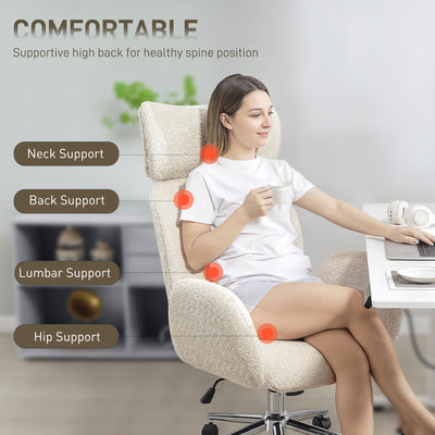 HOMCOM Office Chair with Adjustable Headrest, Spring Pack, Curved Line, Boucle Fabric - Pale Grey 