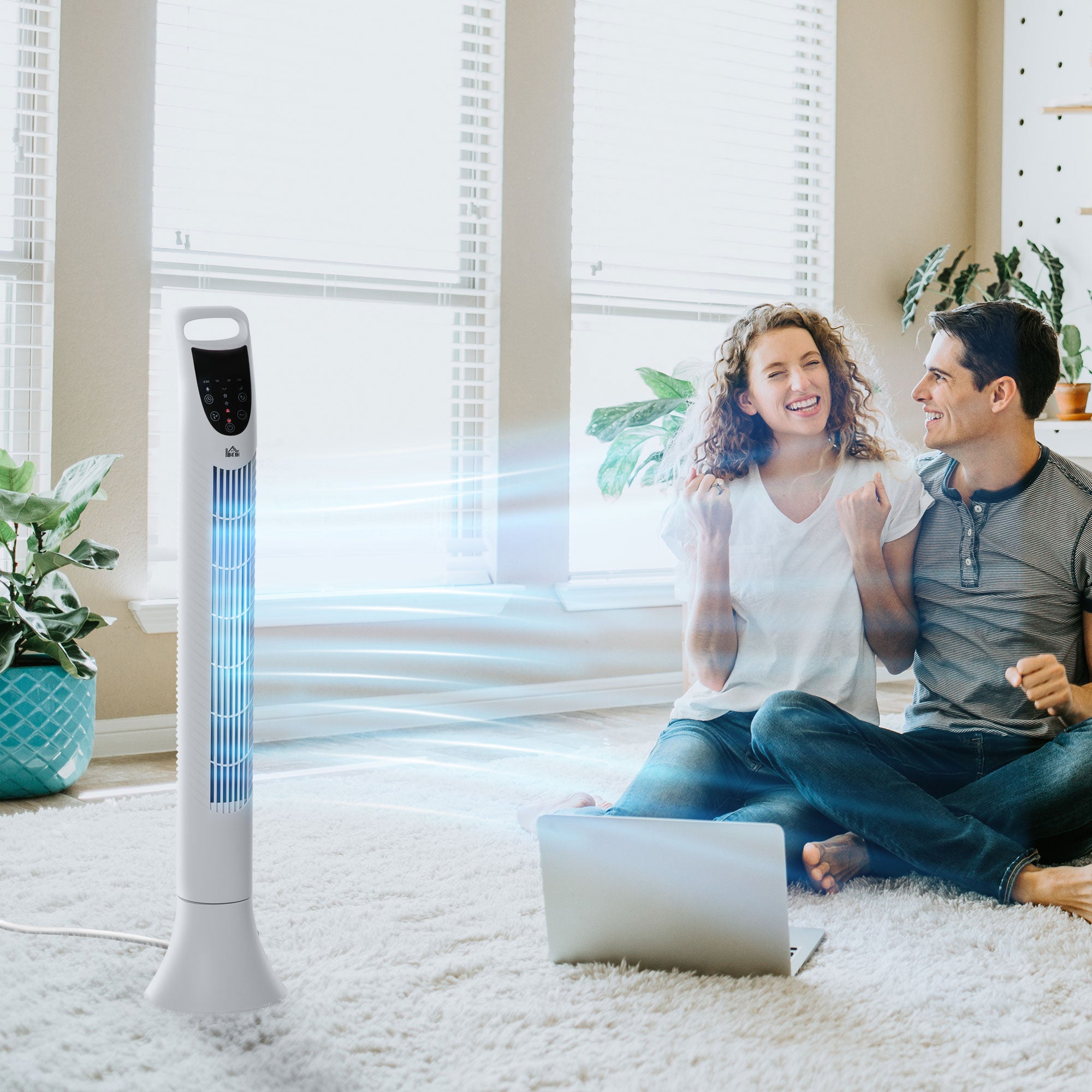 HOMCOM 36'' Freestanding Tower Fan, 3 Speed 3 Mode, 7.5h Timer, 70 Degree Oscillation, LED Panel, 5M Remote Controller, White 