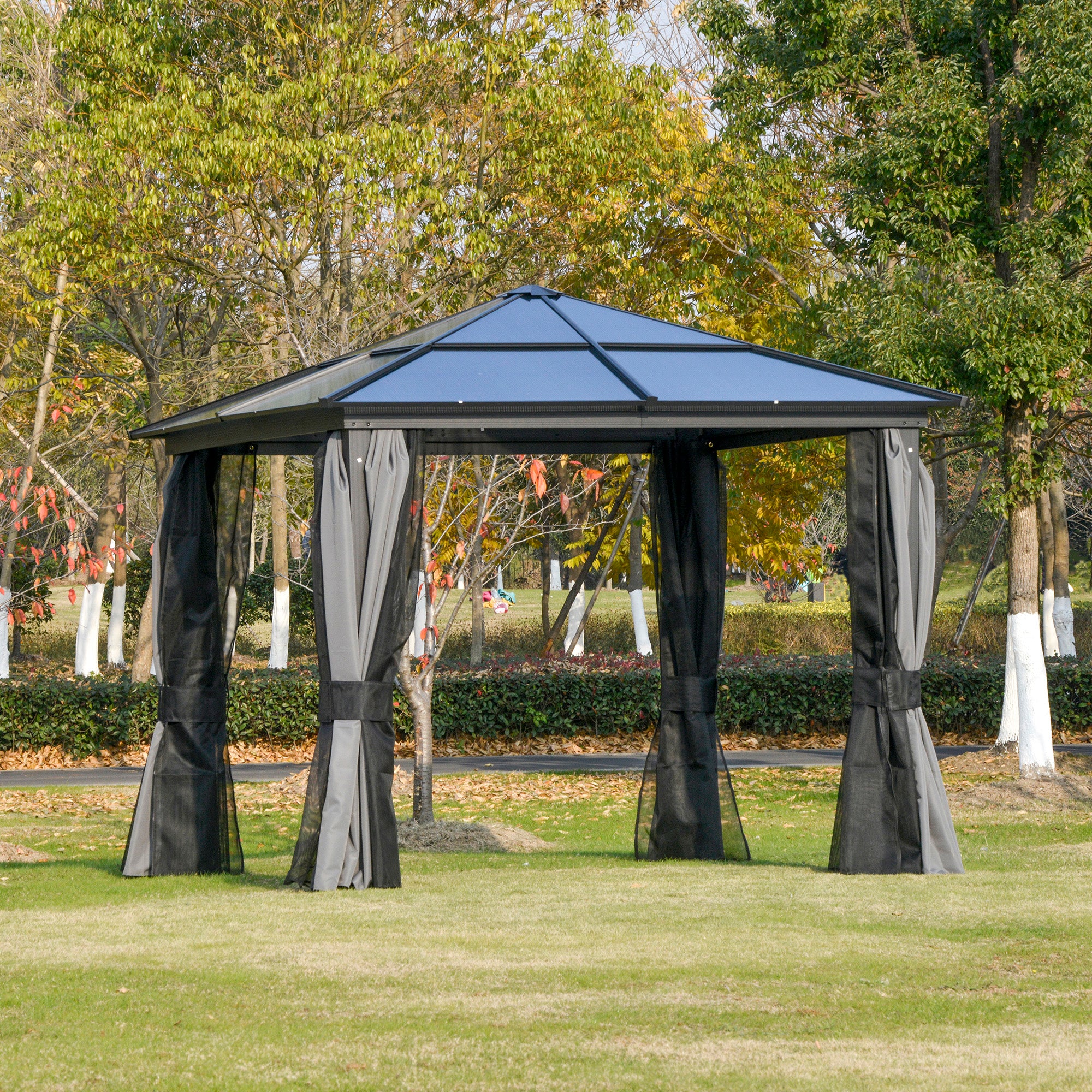 Outsunny 3 x 3(m) Hardtop Gazebo Canopy with Polycarbonate Roof, Aluminium Frame, Permanent Pavilion Garden Gazebo with Netting and Curtains for Patio, Deck, Dark Grey 