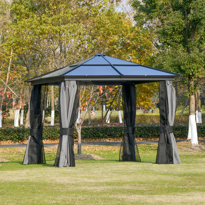 Outsunny 3 x 3(m) Hardtop Gazebo Canopy with Polycarbonate Roof, Aluminium Frame, Permanent Pavilion Garden Gazebo with Netting and Curtains for Patio, Deck, Dark Grey 