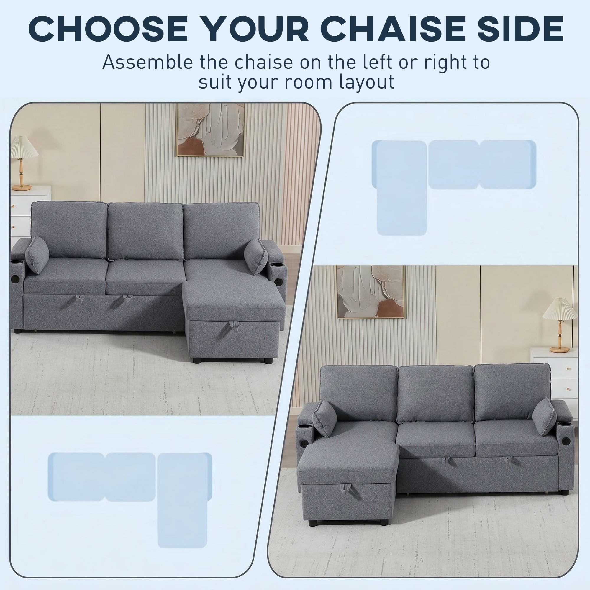 HOMCOM Corner Sofa Bed, L Shaped Sleeper Sectional Sofa with Reversible Storage Chaise, Grey 