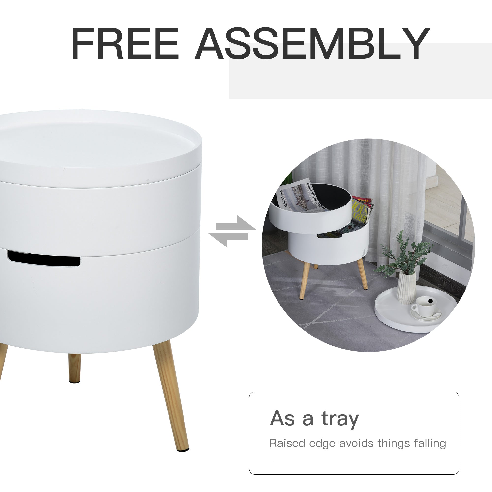 HOMCOM 3-Tier Coffee Table, Round End Table with 2 Hidden Compartments and Detachable Tray, Side Table with Storage for Living Room, White 
