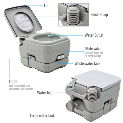 HOMCOM 10L Portable Travel Toilet Outdoor Camping Picnic with 2 Detachable Tanks & Push-button Operation, Grey 