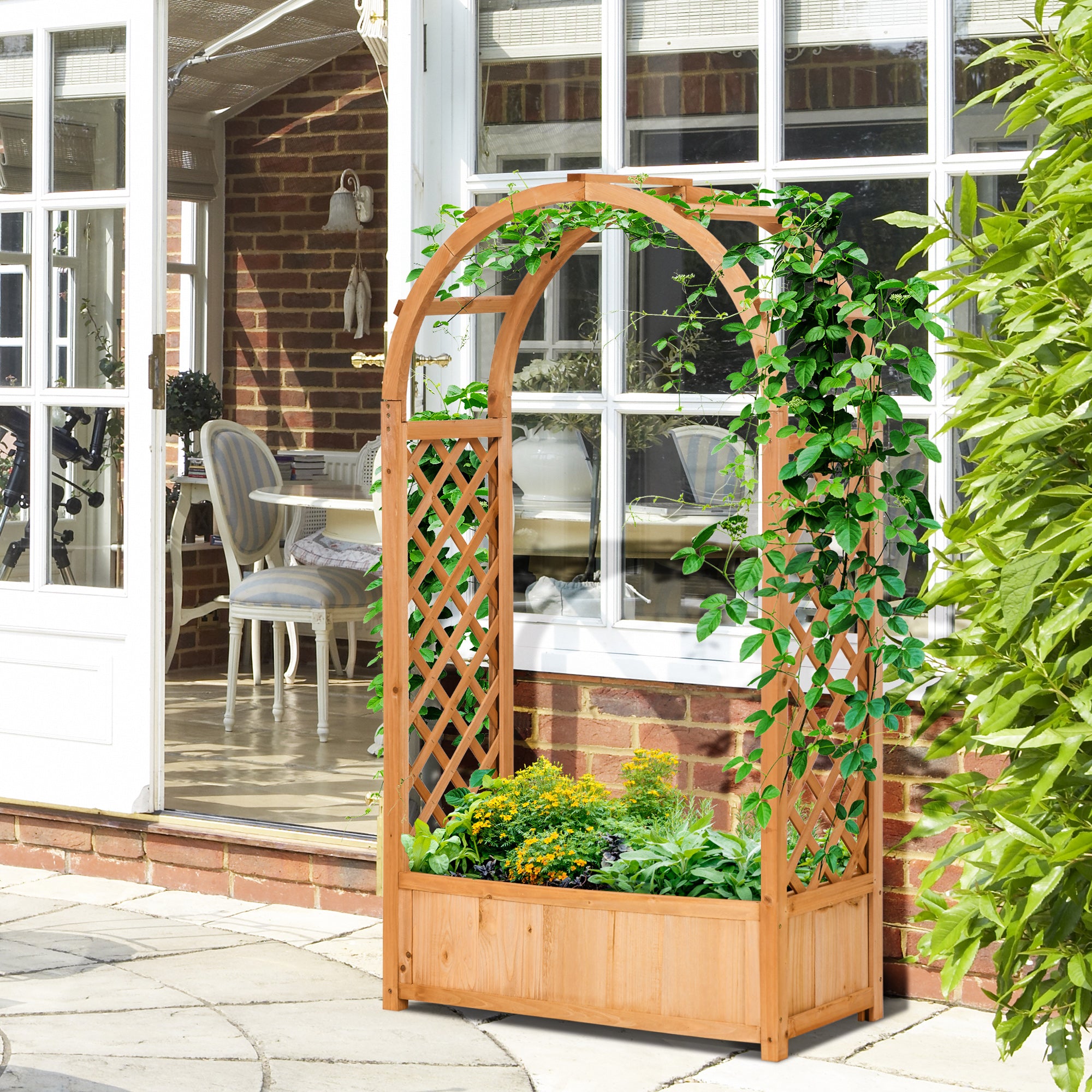 Outsunny Raised Garden Bed with Arch Trellis, Freestanding Garden Planter Box for Vine Climbing Plant Flower Herb, Brown 