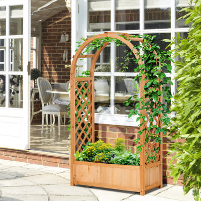 Outsunny Raised Garden Bed with Arch Trellis, Freestanding Garden Planter Box for Vine Climbing Plant Flower Herb, Brown 