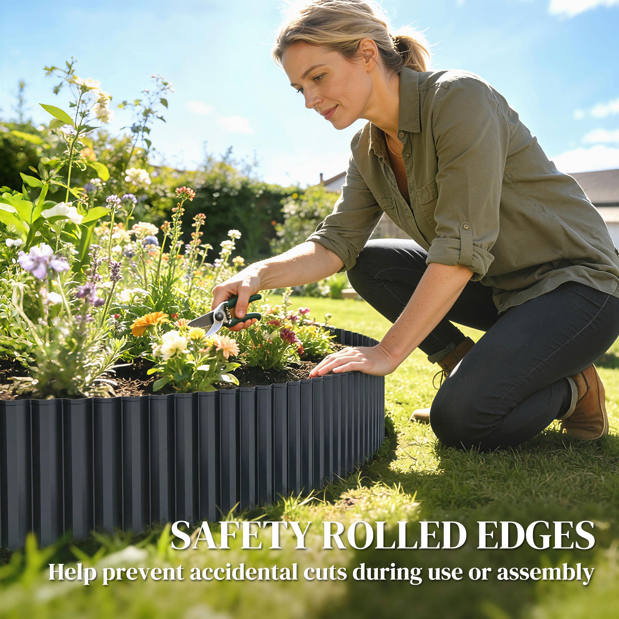 Outsunny Metal Garden Edging Border, 8 in x 21.3 ft Corrugated Heavy Duty Galvanised Steel Lawn Edging, Dark Grey 