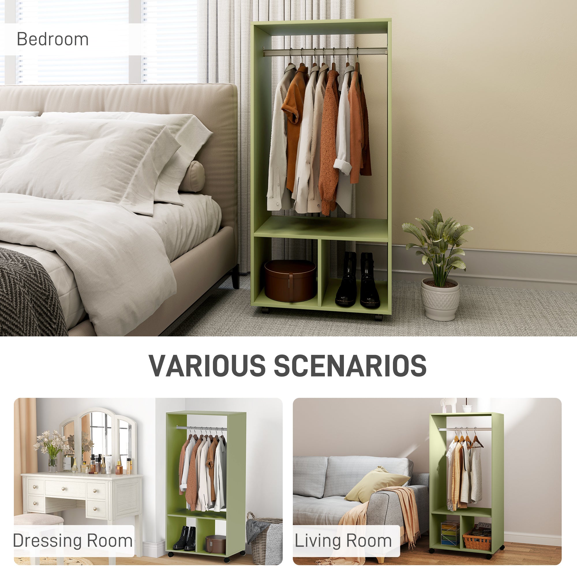 HOMCOM Open Wardrobe on Wheels, Bedroom Wardrobe with Clothes Hanging Rail, 2 Storage Shelves, Mobile Garment Rack for Cloakroom, Hallway, Green 